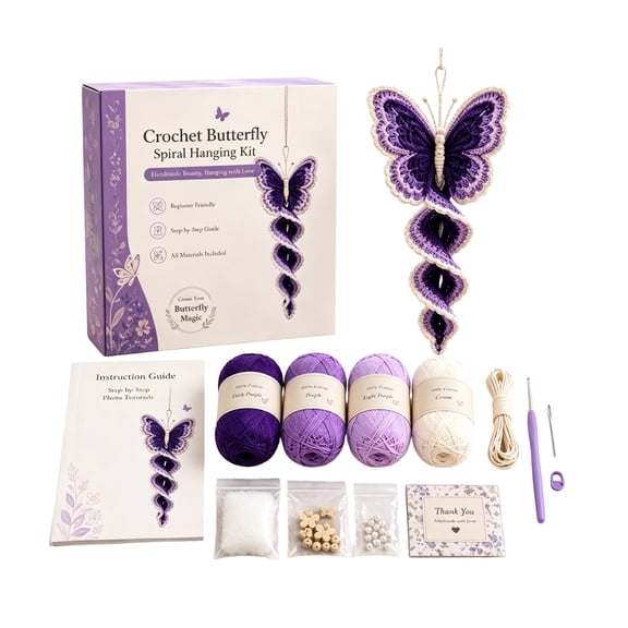 Butterfly Crochet Hanging Ornament Kit Purple Spiral Wall Art Handmade DIY Craft Gift for Boho Home Decor Garden Porch Patio Balcony Window Spring Summer Hanging Display