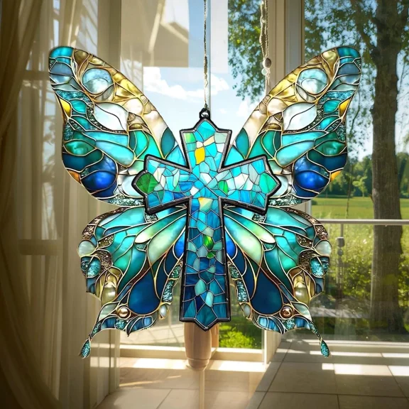 Butterfly Cross Acrylic Suncatcher Window Hanging Christian