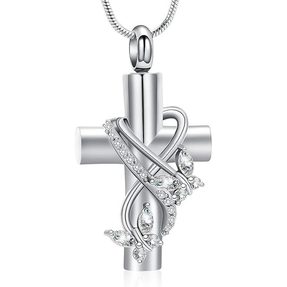 Butterfly Cross Cremation Jewelry for Ashes Ash Pendant Necklace - Butterfly Urn Necklace With Crystal Butterfly Cremation Jewelry for Women