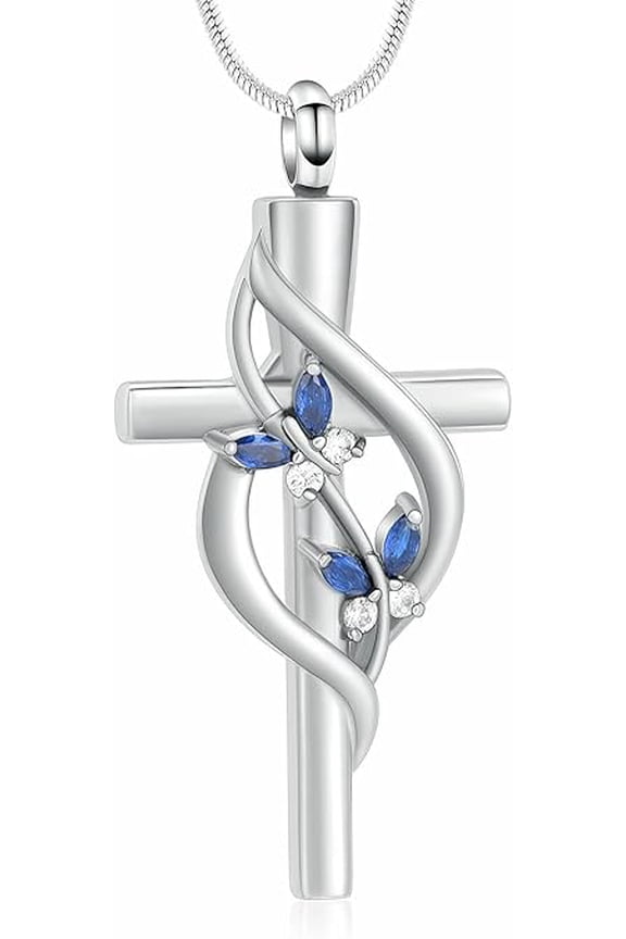 Butterfly Cross Urn Necklace for Ashes With Birthstone Men Women Cremation Jewelry Ashes Pendant for Human Memorial Ash Jewelry