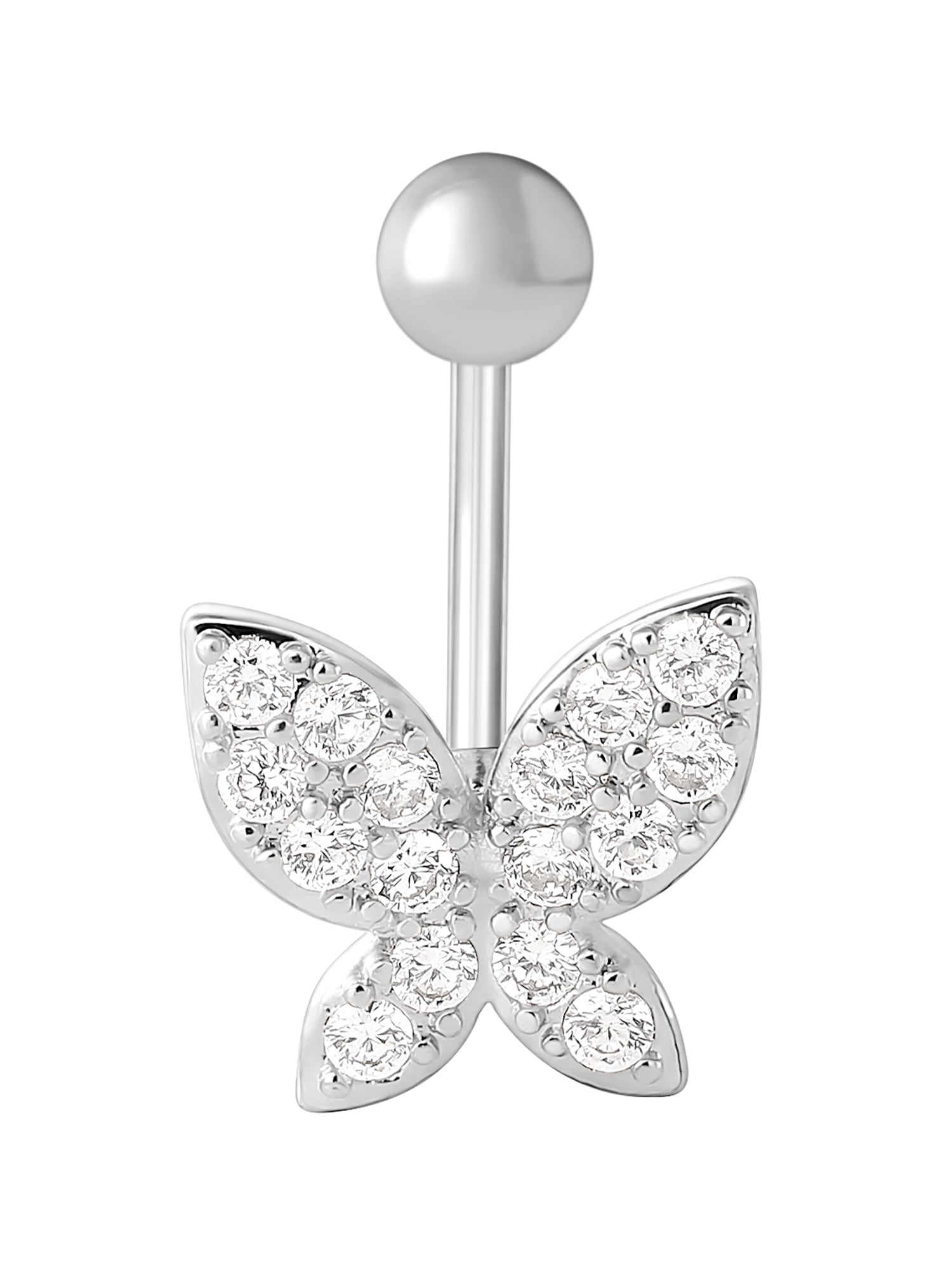 Butterfly Cubic Zirconia Silver-Tone 316 Stainless Steel Belly Button Ring, Butterfly Navel Piercing Jewelry
