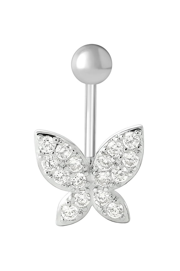 Butterfly Cubic Zirconia Silver-Tone Stainless Steel 316 Belly Button
