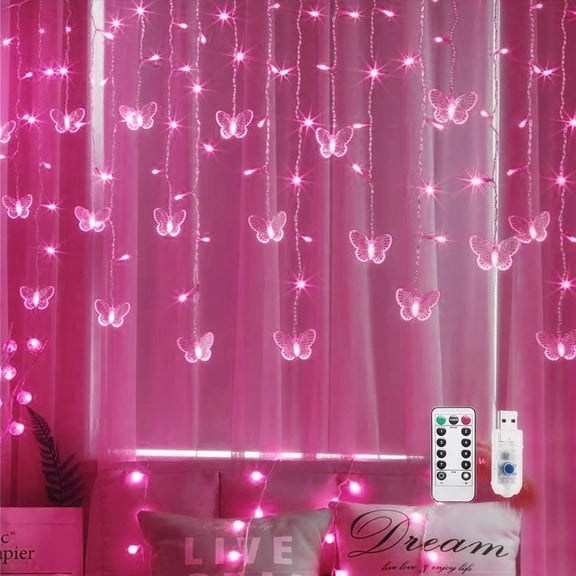 Butterfly Curtain Lights, 8 Modes 48LED Twinkle String Light with Remote 4.9FT USB Powered Window Fairy Light, Decorative Lights for Bedroom, Party, Wedding, Holiday, Christmas (Pink)