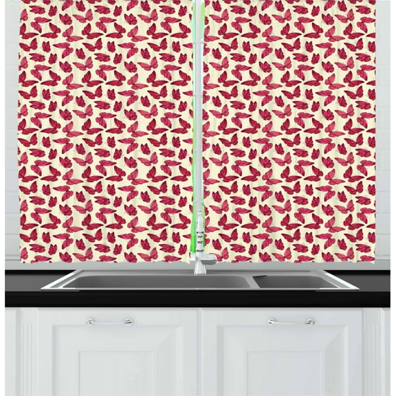 Butterfly Curtains 2 Panels Set, Graceful Romantic Spring Theme Abstract Wings Beauty of Nature, Window Drapes for Living Room Bedroom, 55W X 39L Inches, Dark Coral Ruby Pale Yellow, by Ambesonne