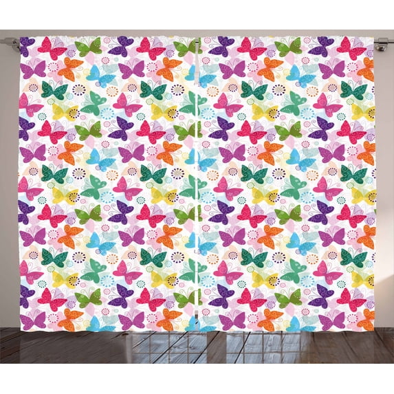 Ambesonne Butterfly Curtains 2 Panel Set, Vibrant Floral Happy, 108" x 84", Multicolor
