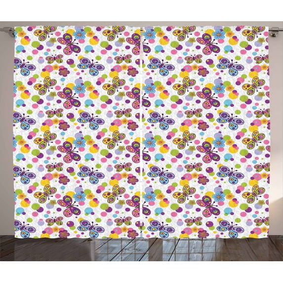 Ambesonne Butterfly Curtains 2 Panel Set, Vibrant Flora Dots, 108" x 90", Multicolor
