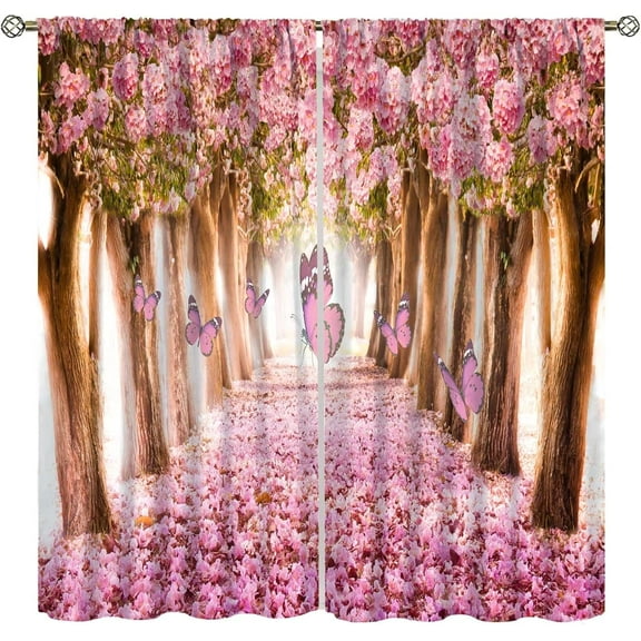 Butterfly Curtains Spring Flowers Pink Trees Butterfly Print Living Room Curtains for Boys Girls Teenagers Bedroom Blackout Curtains 42x54 Inches