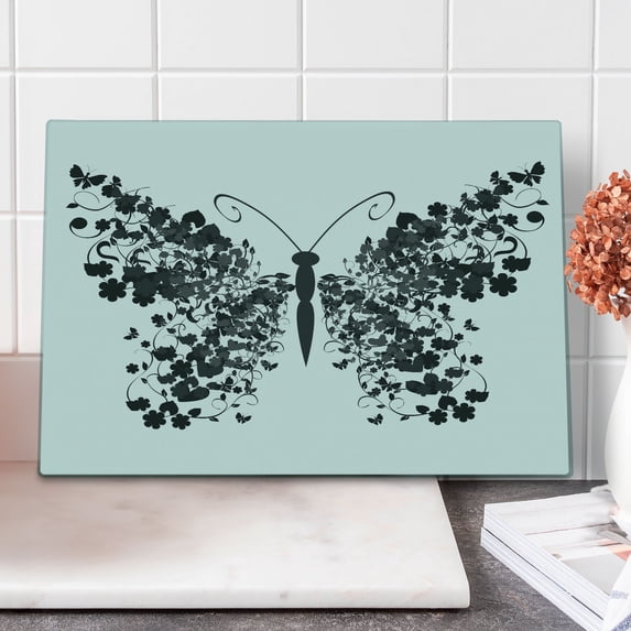 Butterfly Cutting Board, Abstract Insect Graphic with Leafy Wings in Monochromatic Design Print, Decorative Tempered Glass Cutting and Serving Board, in 3 Sizes, by Ambesonne