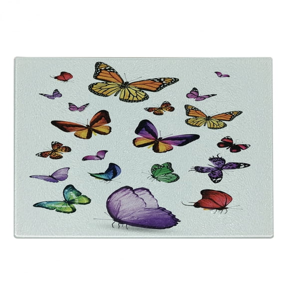 Butterfly Cutting Board, Arrangement of Different Colored Flying Butterflies Independent Animal, Decorative Tempered Glass Cutting and Serving Board, Small Size, Multicolor, by Ambesonne