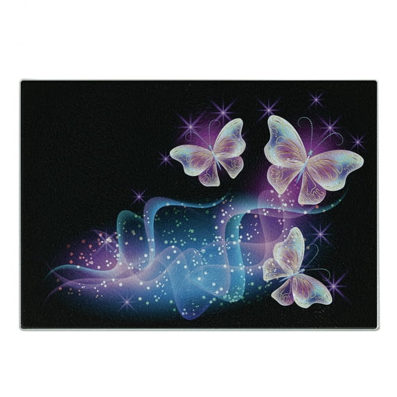 Butterfly Cutting Board, Butterflies Flying and Leaving Behind Colorful Smoky Shapes Illustration, Decorative Tempered Glass Cutting and Serving Board, in 3 Sizes, by Ambesonne