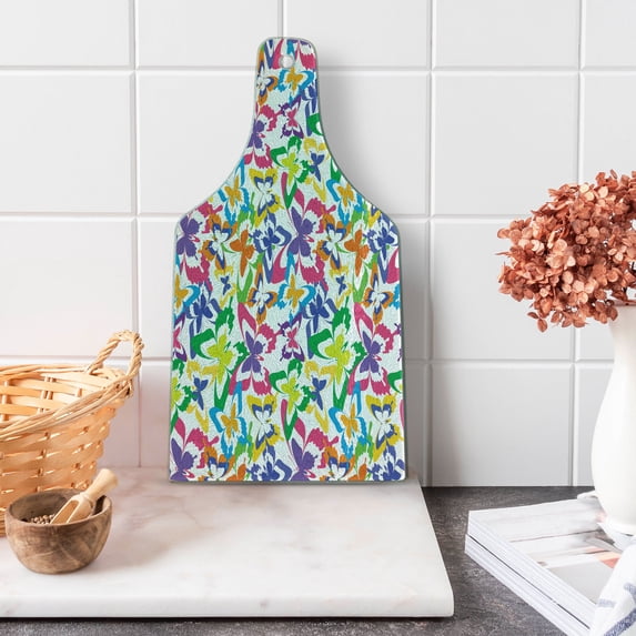 Butterfly Cutting Board, Different Sized Butterfly Silhouettes Sense of Change Movement Lifestyle Art, Decorative Tempered Glass Cutting and Serving Board, Wine Bottle Shape, Multicolor, by Ambesonne