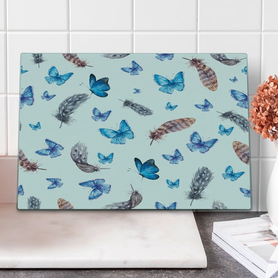 Butterfly Cutting Board, Feathers and Butterflies Watercolor Style Image Print Vintage Style Print, Decorative Tempered Glass Cutting and Serving Board, Large Size, Blue White Grey, by Ambesonne