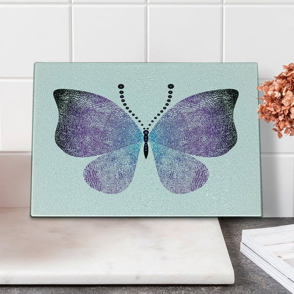 Butterfly Cutting Board, Pointillistic Fantasy Papillon Butterfly Art with Purple Ombre Color, Decorative Tempered Glass Cutting and Serving Board, Small Size, Dark Purple and Violet, by Ambesonne