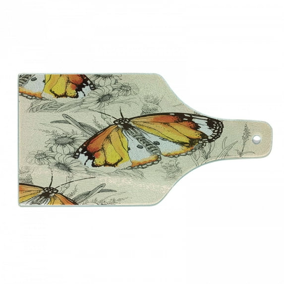 Butterfly Cutting Board, Sign of Supreme Grace and Meditative Journey Real Self Creature Theme, Tempered Glass Cutting and Serving Board, Wine Bottle Shape, Orange Black Cream, by Ambesonne