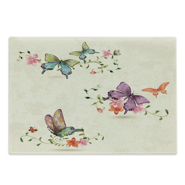 Butterfly Cutting Board, Springtime Flying Moths on Vintage Style Background Wings Transformation, Decorative Tempered Glass Cutting and Serving Board, Large Size, Multicolor, by Ambesonne