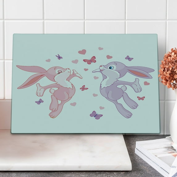 Butterfly Cutting Board, Valentine Bunnies Kissing in Air with Love Hearts and Butterflies Natural Life, Decorative Tempered Glass Cutting and Serving Board, Large Size, Pink Purple, by Ambesonne