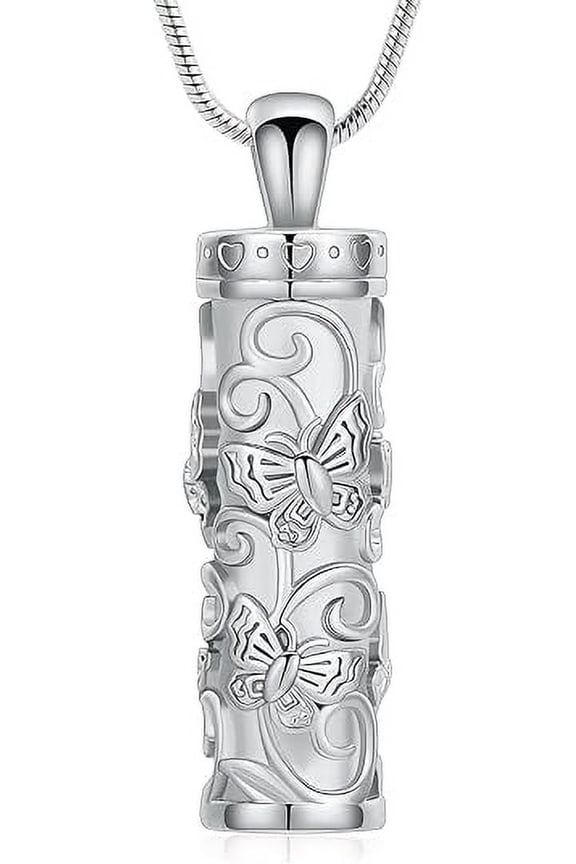 Butterfly Cylinder Urn Necklace Cremation Jewelry for Ashes Stainless Steel Pendant Funeral Keepsake Loved Ones Memorial Gift for Women Men