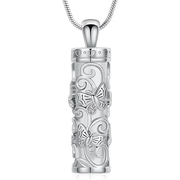 Butterfly Cylinder Urn Necklace Cremation Jewelry for Ashes Stainless Steel Pendant Funeral Keepsake Loved Ones Memorial Gift for Women Men