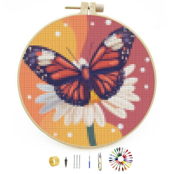 Butterfly on Daisy Flower Easy Stamped Cross Stitch Kits for Beginners with Hoop Simple Patterns 11CT Counted Embroidery Needlepoint Crafts Arts for DIY Enthusiasts and Home Decor 26x26cm(4)