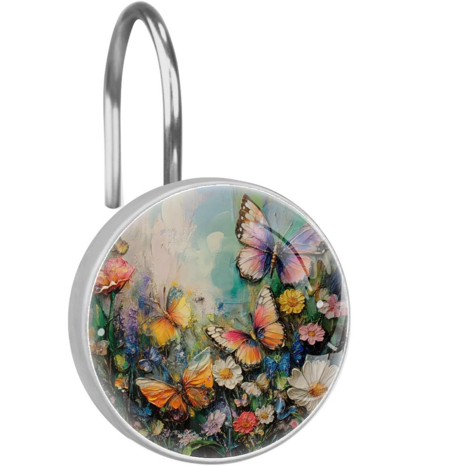 Butterfly Daisy Flower Painting Shower Curtain Hooks Round Crystal Glass, Set of 12 Shower Curtain Rings - Shower Hooks for Curtain Shower Rings