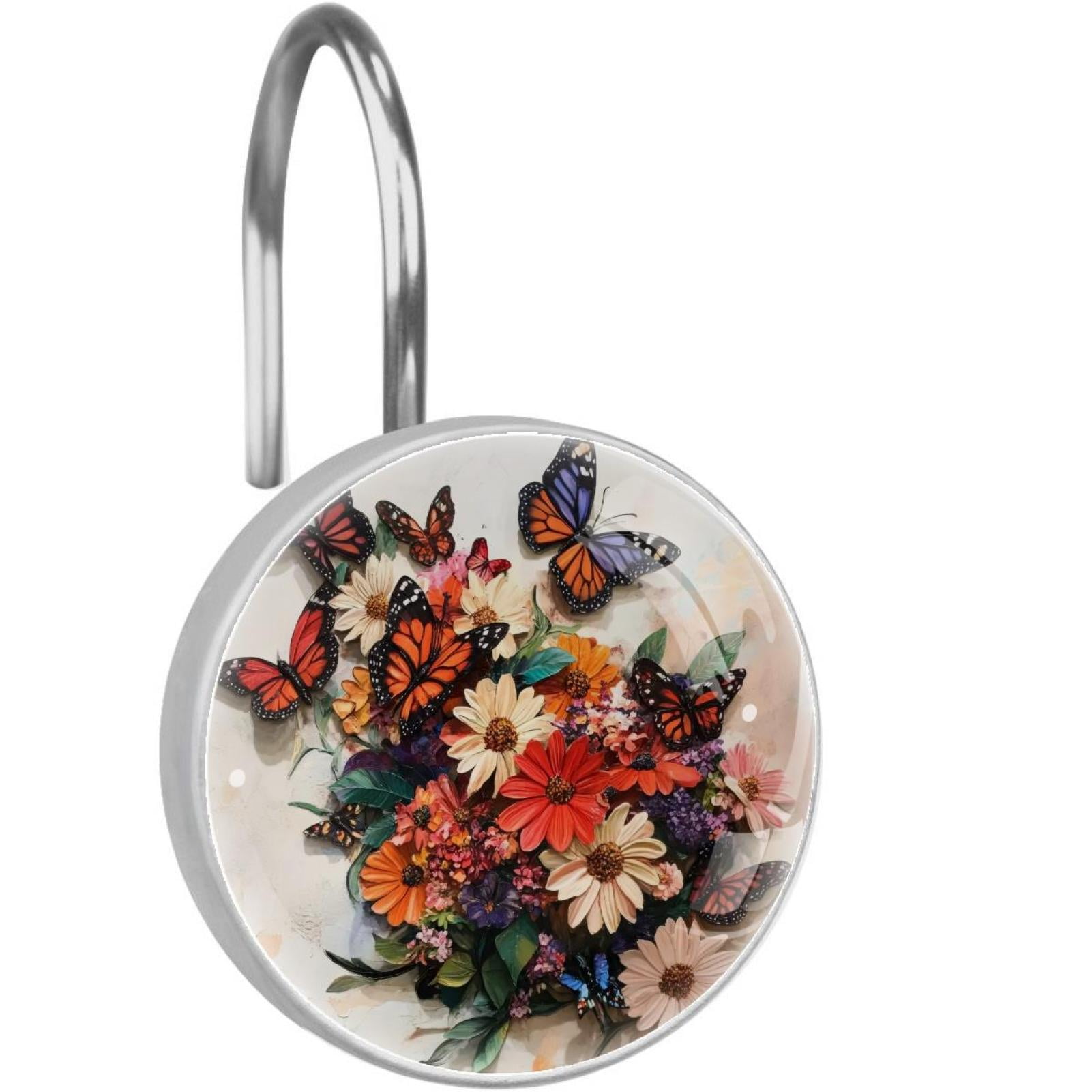 Butterfly Daisy Flowers Shower Curtain Hooks Round Crystal Glass, Set of 12 Shower Curtain Rings - Shower Hooks for Curtain Shower Rings