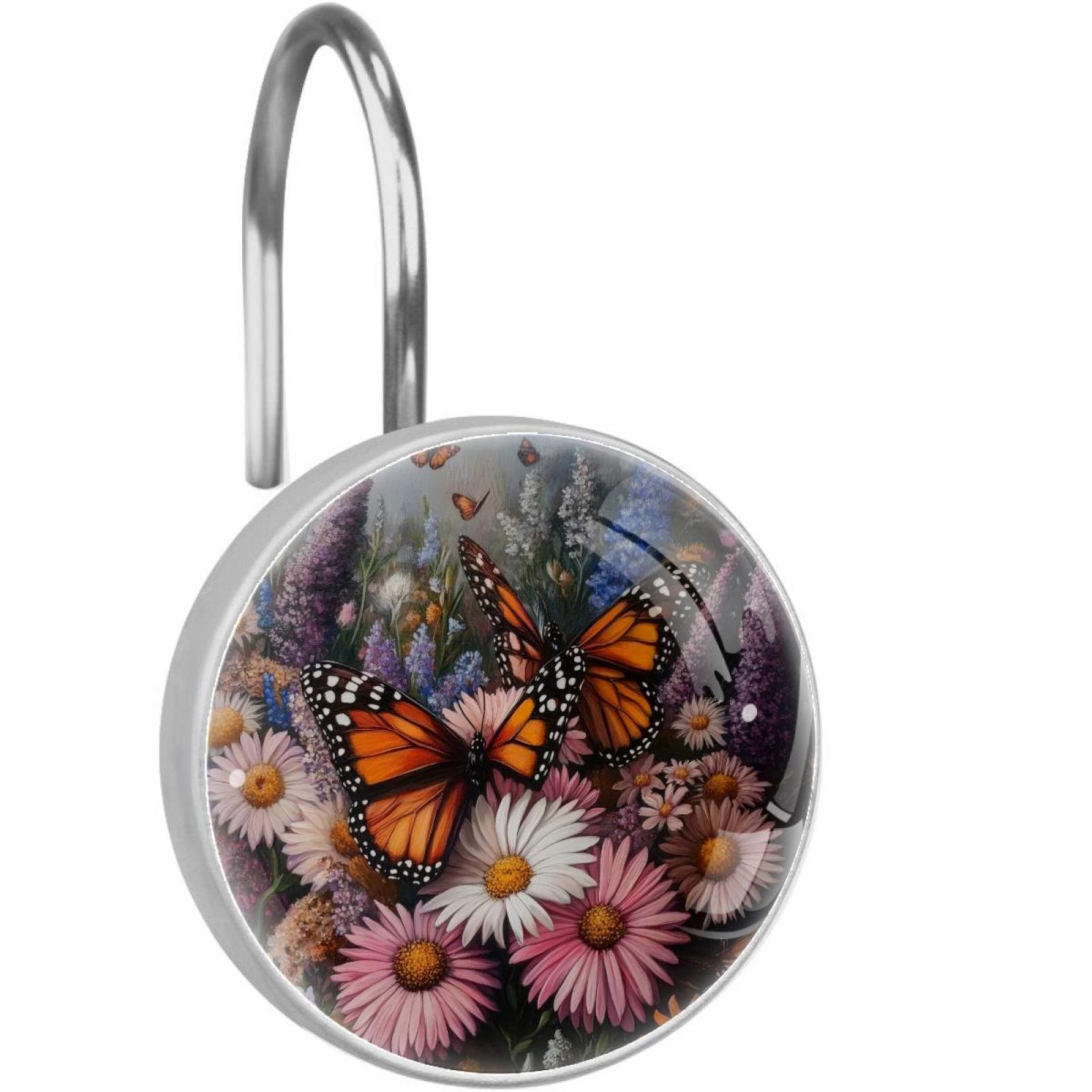 Butterfly Daisy Flowers Shower Curtain Hooks Round Crystal Glass, Set of 12 Shower Curtain Rings - Shower Hooks for Curtain Shower Rings
