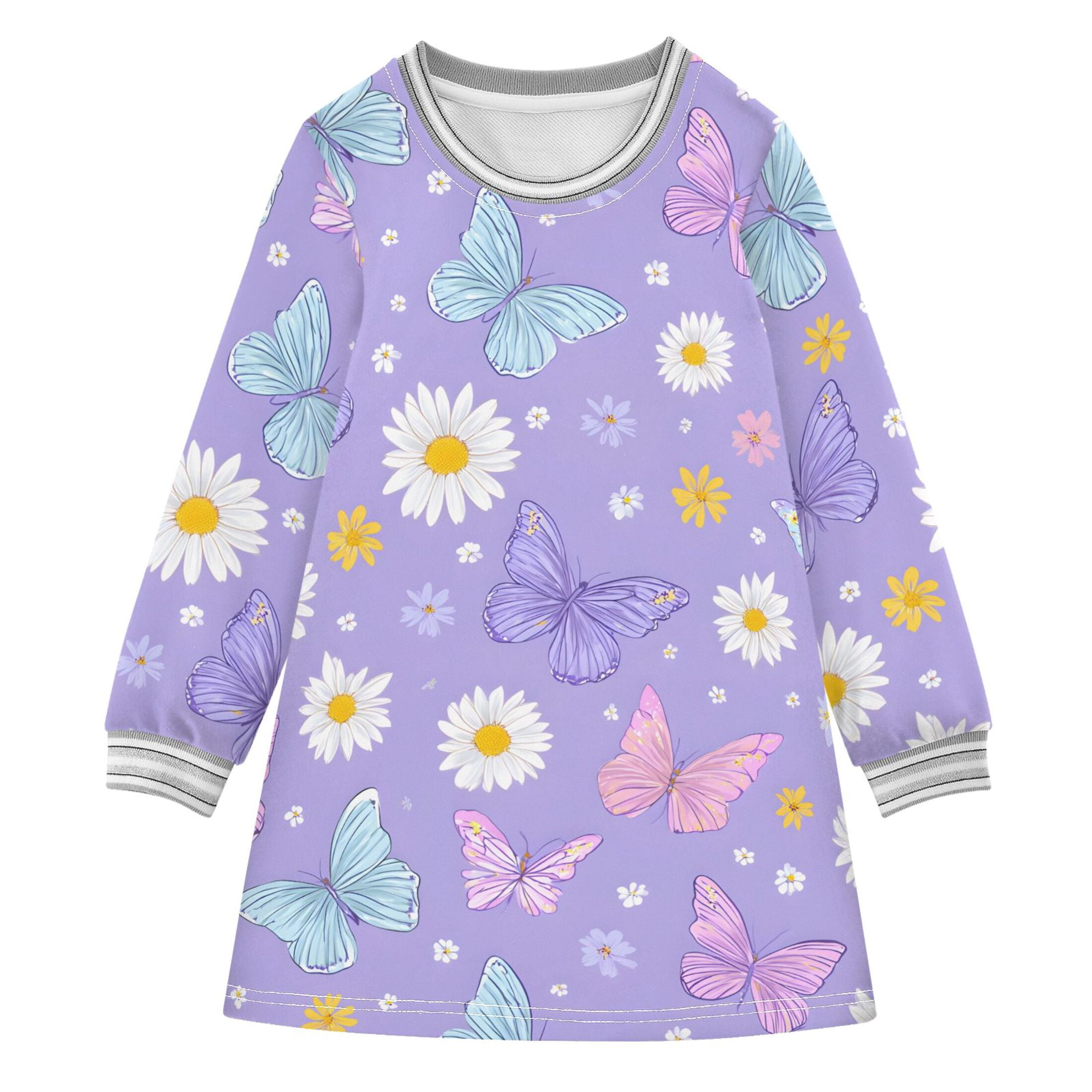 Butterfly Daisy Pattern Girls'long-sleeved dress Thickened A-dress Warm ...