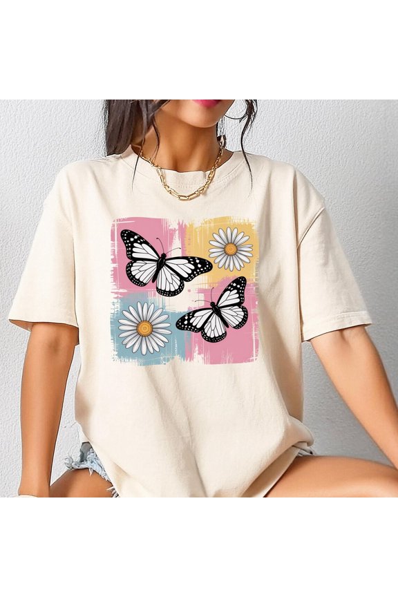 Butterfly Daisy Shirt, Cottagecore Nature Graphic Tee Unisex Full Size S-5XL
