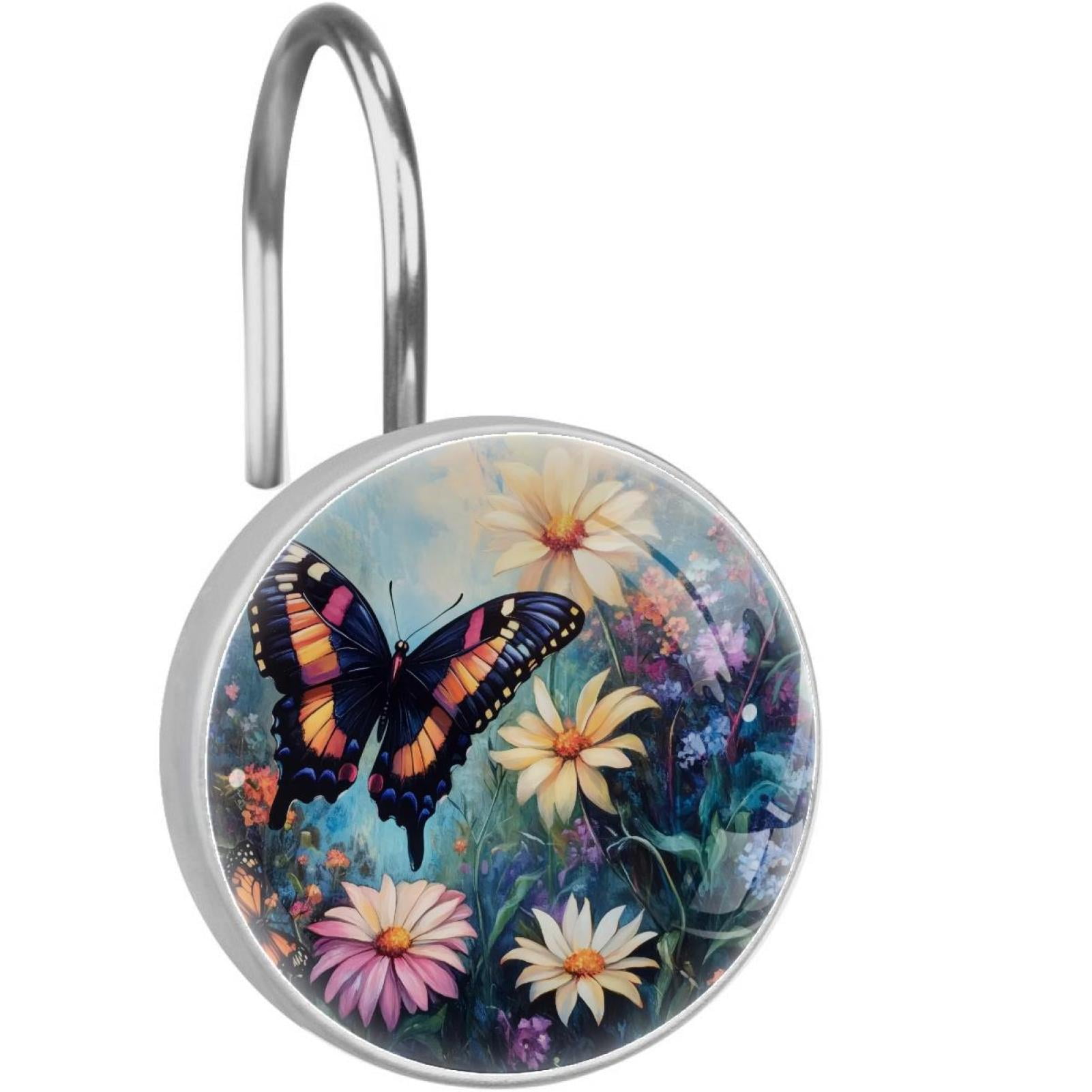 Butterfly Daisy Wildflowers Shower Curtain Hooks Round Crystal Glass, Set of 12 Shower Curtain Rings - Shower Hooks for Curtain Shower Rings