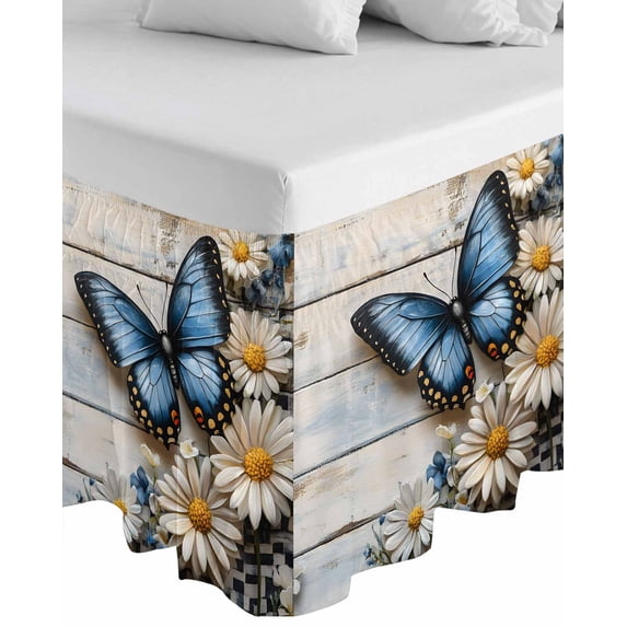 Butterfly Daisy Wrap Around Bed Skirts for King Bed 18" Drop,Bed Skirt with Adjustable Elastic Belt Dust Ruffle Bed Valance for Bedroom Hotel Retro Spring Floral Flower Wooden Grain Bed Frame Cover