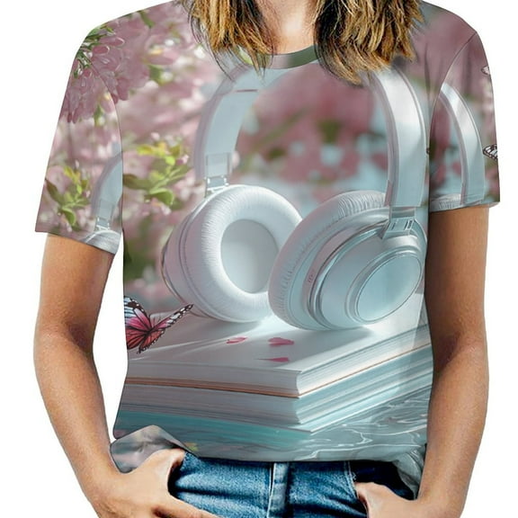 Butterfly Dancing Womens Tops Women's Fashion Casual Short Sleeve Flower Print Round Neck Pullover Top Blouse