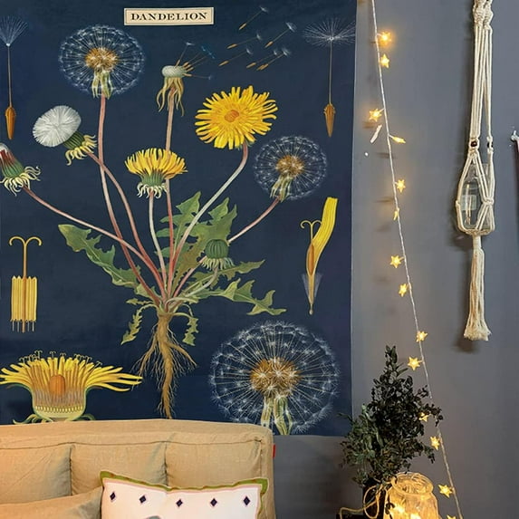 Butterfly Dandelion Plant Tapestry Wall Hanging - Wildflower Plant Floral Tapestry Identification Reference Chart Nature Scenery Tapestry for Bedroom Living Room Dorm Home Decor (Blue, L:(36" x 48"))