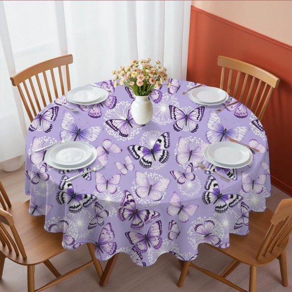 Butterfly and Dandelion Purple Pattern Round Tablecloth 60"x60", Wrinkle Resistant Wipeable Table Cover for Kitchen Dining Room Picnic Patio and Party