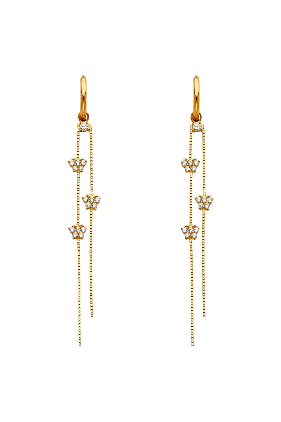 Butterfly Dangle Earrings Solid 14k Yellow Gold Huggies Hanging Chain CZ Stylish Polished Fancy 60 mm
