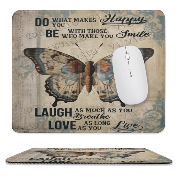 Butterfly Decor Happy Laugh Love Positive Quote Print Mouse Pad,Office Desk Accessories,Desk Decor, Rectangle Non-Slip Rubber, Stitched Edge,Funny Office Presents 10"x12"