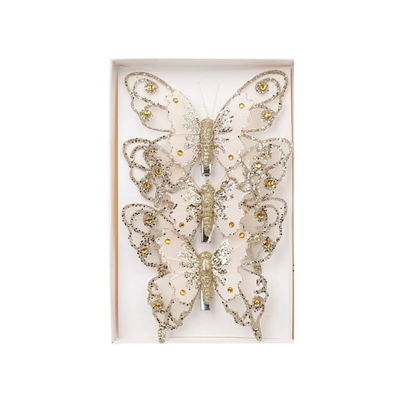 Butterfly Decorations Glitter Rhinestone Clip Set 3 Pack Sheer Mesh Hanging Ornaments for Christmas Tree Wedding and Party Decor