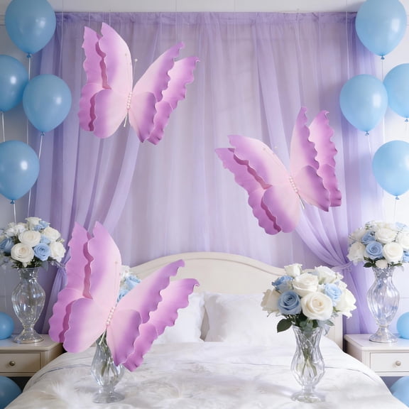 Butterfly Decorations, ZzCityTK Colorful 3D Plastic Butterfly Veils, 50x44cm Hanging Flower Window Wedding Party Outdoor Garden Scene Arrangement, Purple
