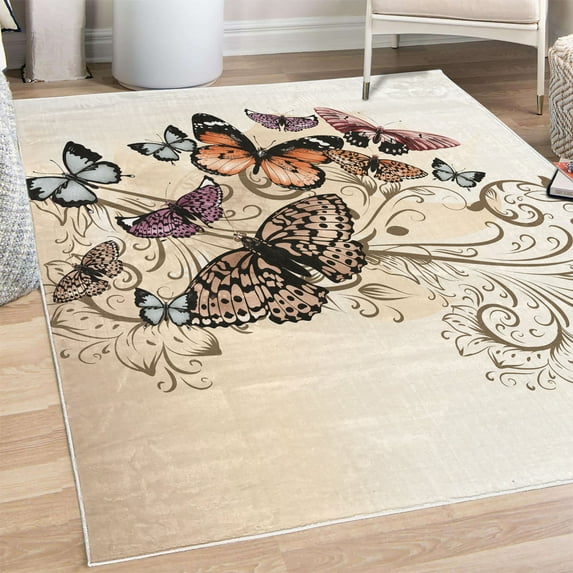 Butterfly Decorative Rug, Monarch Butterflies Vintage Damask Inspired Design, Quality Carpet for Bedroom Dorm and Living Room, 6 Sizes, Pastel Brown, by Ambesonne