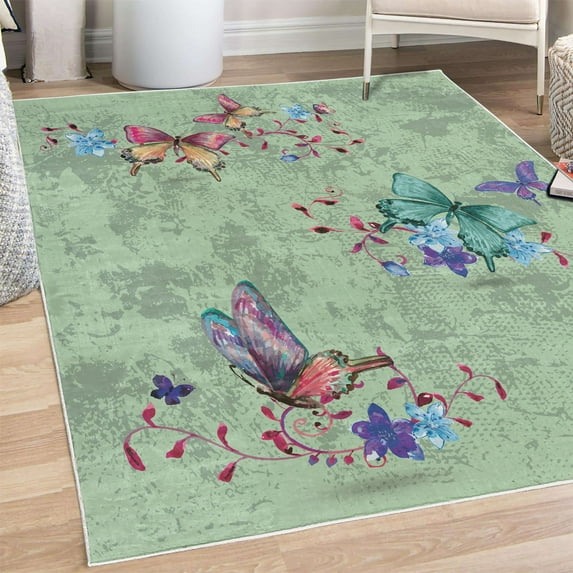 Butterfly Decorative Rug, Springtime Flying Moths on Vintage Style Background Wings Transformation, Quality Carpet for Bedroom Dorm and Living Room, 6 Sizes, Pale Green, by Ambesonne