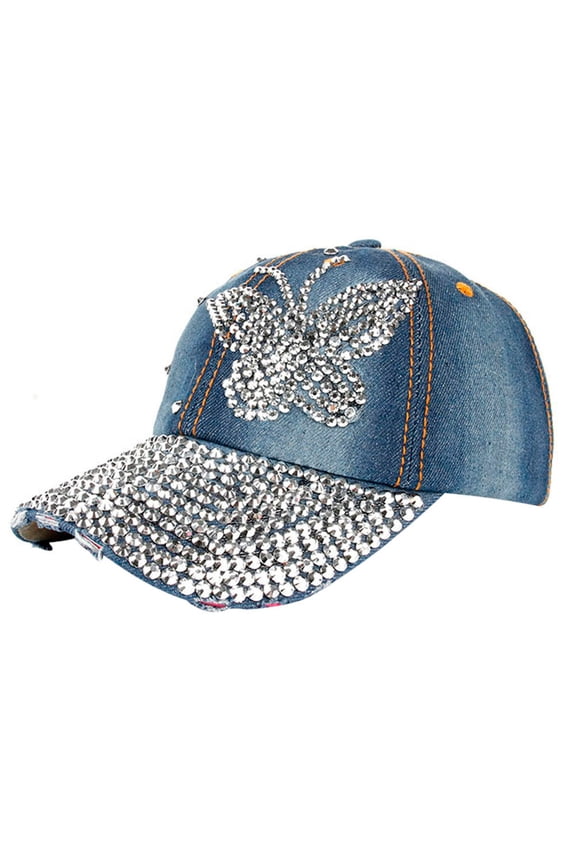 Butterfly Denim Rhinestone Baseball Cap Unisex Snapback Hip Hop Flat Hat bu One Size
