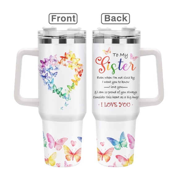 Butterfly Design 40oz Stainless Steel Handle Insulated Mug Outdoor Travel Mug, 40oz Cold Drink Coffee Mug Graduation, Birthday, Valentine's Day, Mother's Day, Christmas Gift for Women and Sisters