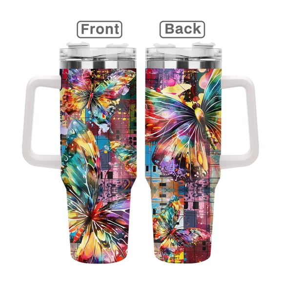 Butterfly Design 40oz Stainless Steel Handle Insulated Mug Outdoor Travel Mug, 40oz Cold Drink Coffee Mug Graduation, Birthday, Valentine's Day, Mother's Day, Christmas Gift for Women and Sisters