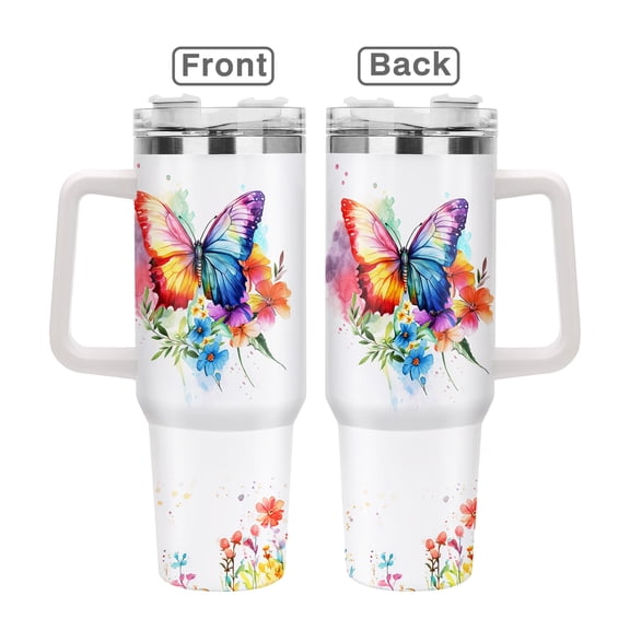 Butterfly Design 40oz Stainless Steel Handle Insulated Mug Outdoor Travel Mug, 40oz Cold Drink Coffee Mug Graduation, Birthday, Valentine's Day, Mother's Day, Christmas Gift for Women and Sisters