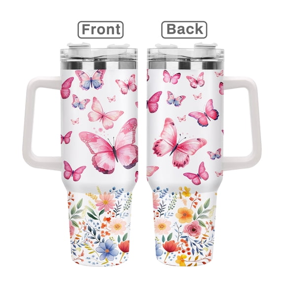 Butterfly Design 40oz Stainless Steel Handle Insulated Mug Outdoor Travel Mug, 40oz Cold Drink Coffee Mug Graduation, Birthday, Valentine's Day, Mother's Day, Christmas Gift for Women and Sisters