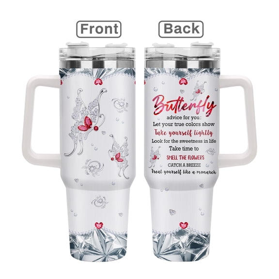 Butterfly Design 40oz Stainless Steel Handle Insulated Mug Outdoor Travel Mug, 40oz Cold Drink Coffee Mug Graduation, Birthday, Valentine's Day, Mother's Day, Christmas Gift for Women and Sisters