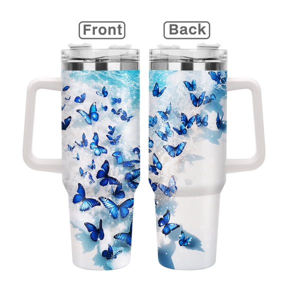Butterfly Design 40oz Stainless Steel Handle Insulated Mug Outdoor Travel Mug, 40oz Cold Drink Coffee Mug Graduation, Birthday, Valentine's Day, Mother's Day, Christmas Gift for Women and Sisters
