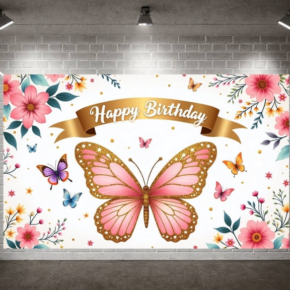 Butterfly Design Banner Floral Pattern Birthday Display Pink Style Gold Glitter Floral Backdrop for Birthday Party Indoor Decoration Photo Shoot