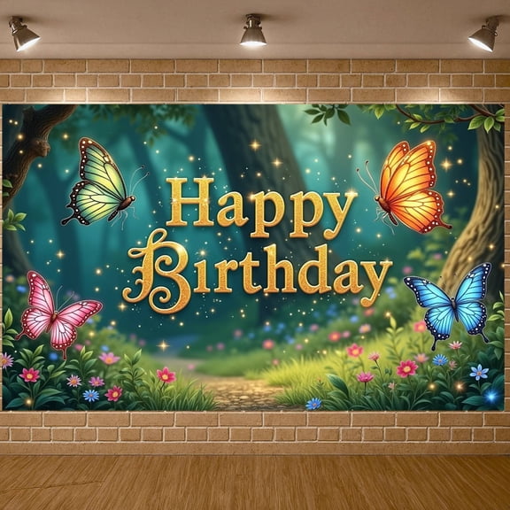 Butterfly Design Banner Floral Pattern Butterfly Birthday Display Forest Scene Glittery Letters Forest Theme Backdrop for Birthday Party Kids Celebration Photo Shoot