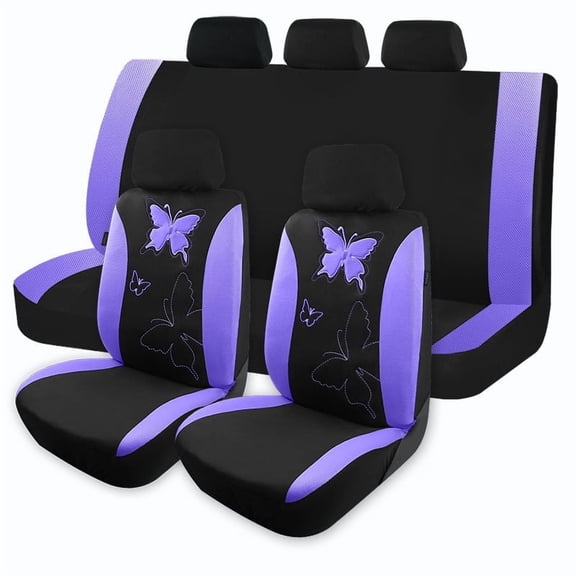 Butterfly Design Car Seat Cover Set 5 Pcs Full Set Universal Fit Most Car SUV Truck 9599 Purple