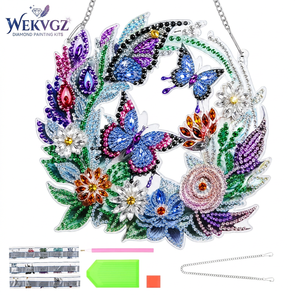 Wekvgz Butterfly Diamond Art Hanging Kit Butterfly Pattern DIY Diamond Pendant Decor with Chain Clay for Independence Day Decor(Wreath)